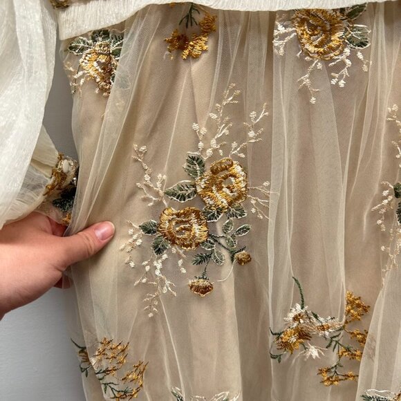 Maizishule Beige Floral Embroidered Midi Dress | Boho Sheer Long Sleeve Size L - Picture 4 of 16